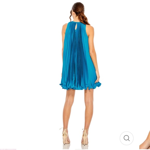 Mac Duggal Pleated Halter Neck Flowy Mini Trapeze Dress 49636 NWT Ocean Blue - Picture 4 of 12